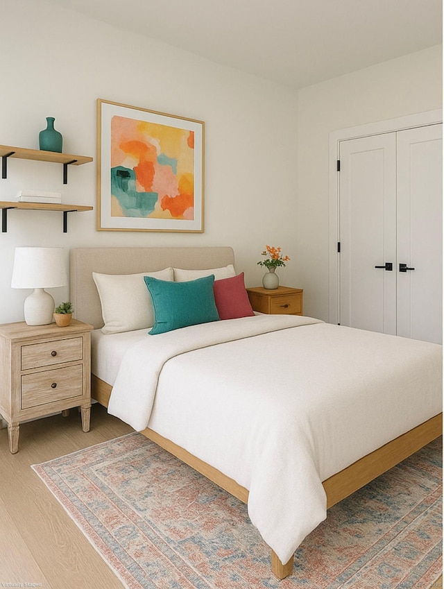 bedroom featuring wood finished floors and a closet