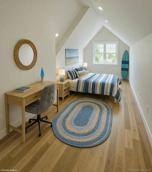 bedroom with wood finished floors, vaulted ceiling, baseboards, and recessed lighting