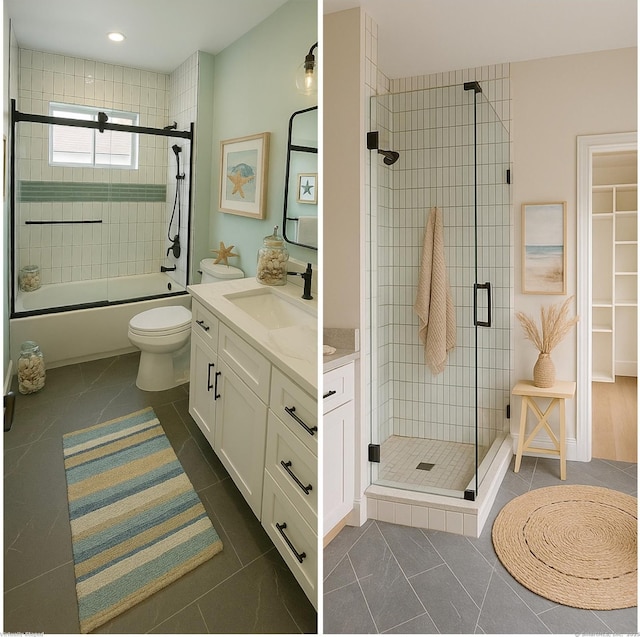 full bath featuring vanity, shower / bath combination with glass door, tile patterned floors, and toilet