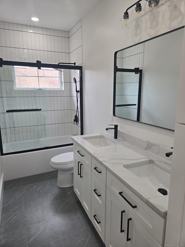 full bathroom with toilet, combined bath / shower with glass door, double vanity, marble finish flooring, and recessed lighting