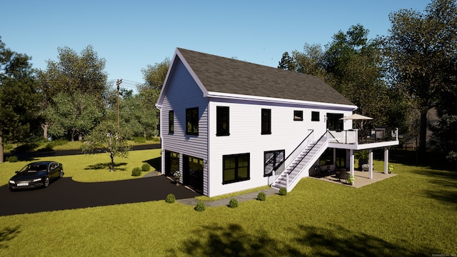 4 Old Neversink Rd, Danbury, CT 06811 - back of property with an attached garage, a shingled roof, stairs, a deck, and a yard