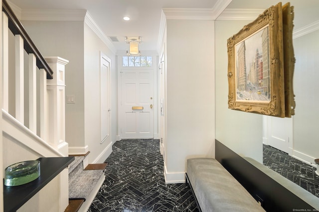2 Mead St Unit 20, New Canaan, CT 06840 - entrance foyer featuring stairway, baseboards, recessed lighting, crown molding, and dark marble finish floors