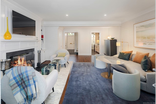2 Mead St Unit 20, New Canaan, CT 06840 - living area with crown molding, a lit fireplace, wood finished floors, recessed lighting, and baseboards