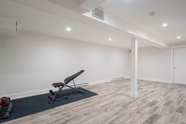 2 Mead St Unit 20, New Canaan, CT 06840 - exercise area with light wood-type flooring, recessed lighting, baseboards, and a baseboard radiator