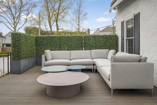 2 Mead St Unit 20, New Canaan, CT 06840 - wooden deck featuring outdoor lounge area and a fenced backyard