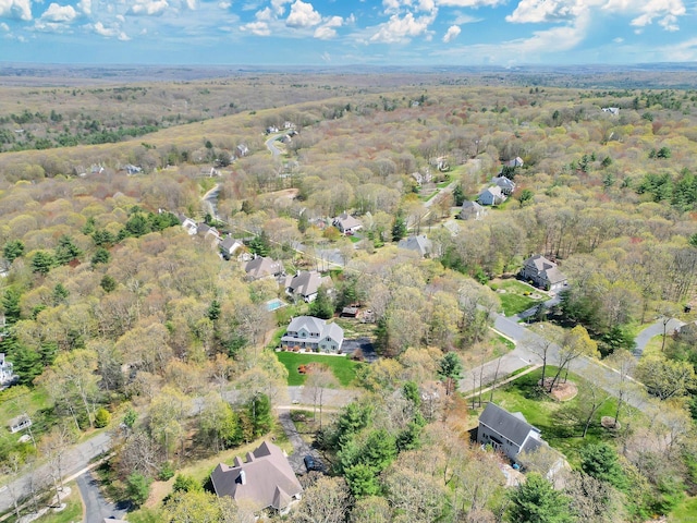 drone / aerial view with a wooded view