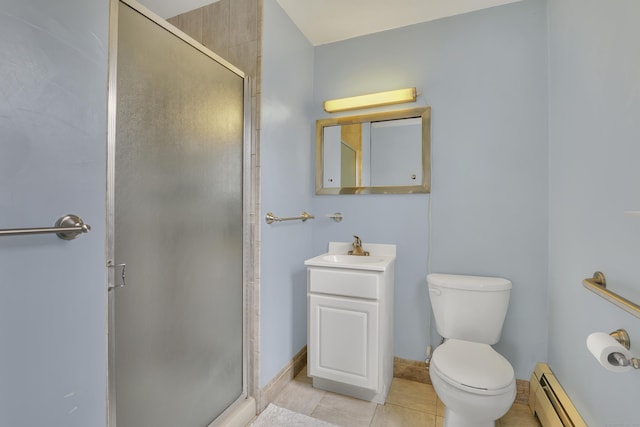 bathroom with tile patterned flooring, vanity, toilet, a baseboard radiator, and a stall shower