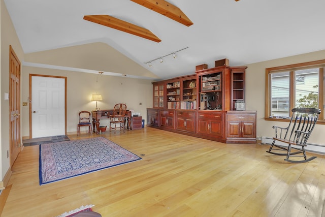 living area featuring rail lighting, light wood-style flooring, and lofted ceiling