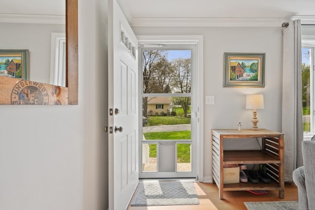 2 Goodhill Rd, New Milford, CT 06776 - doorway featuring wood finished floors and crown molding