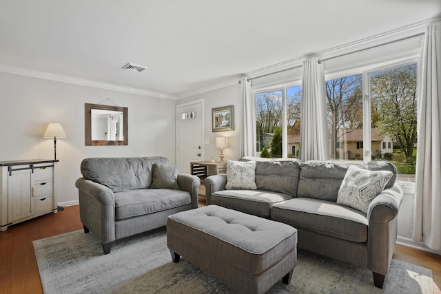 2 Goodhill Rd, New Milford, CT 06776 - living area with wood finished floors, visible vents, and ornamental molding