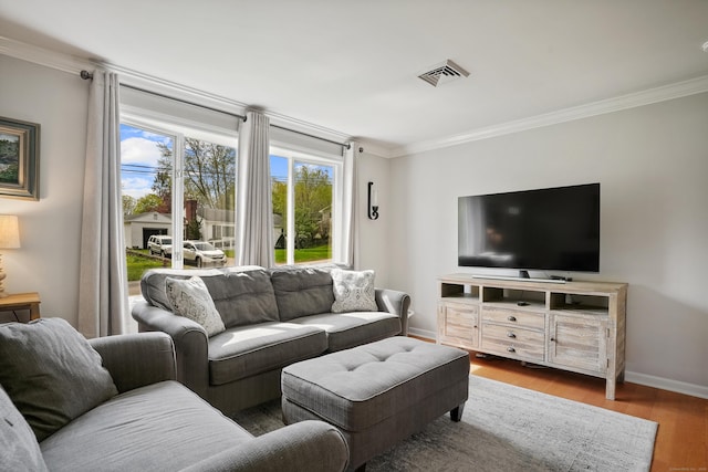 2 Goodhill Rd, New Milford, CT 06776 - living area with baseboards, visible vents, ornamental molding, and wood finished floors