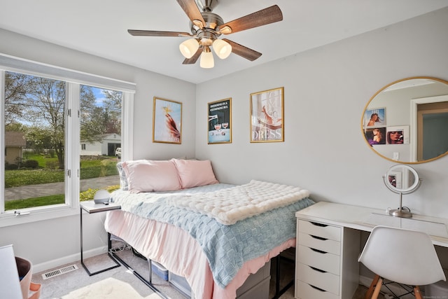 2 Goodhill Rd, New Milford, CT 06776 - bedroom with light colored carpet, visible vents, a ceiling fan, and baseboards