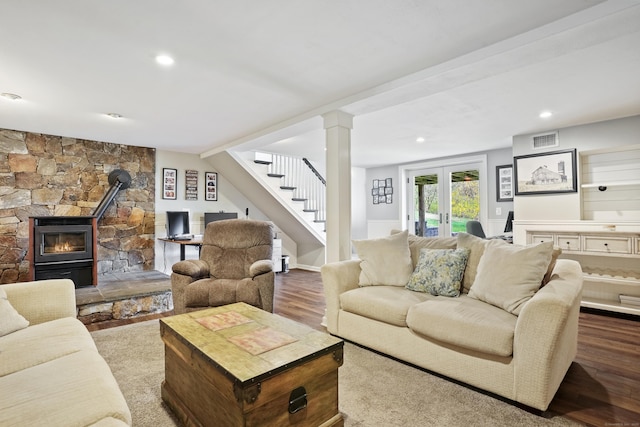 2 Goodhill Rd, New Milford, CT 06776 - living room with dark wood finished floors, recessed lighting, ornate columns, stairs, and visible vents