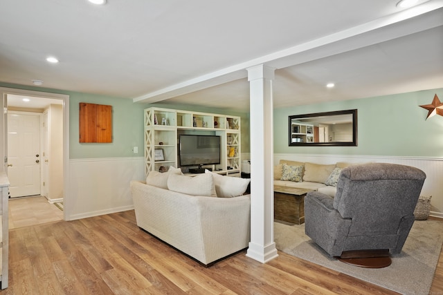2 Goodhill Rd, New Milford, CT 06776 - living room with recessed lighting, wainscoting, and light wood-style flooring