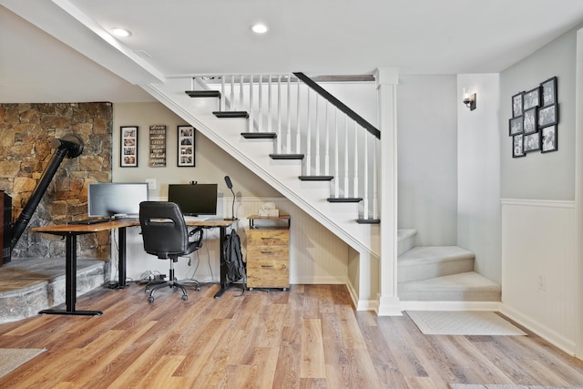 2 Goodhill Rd, New Milford, CT 06776 - office area featuring wood finished floors, a wood stove, and baseboards