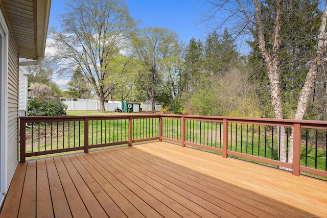 2 Goodhill Rd, New Milford, CT 06776 - deck featuring fence, an outdoor structure, a yard, and a storage shed
