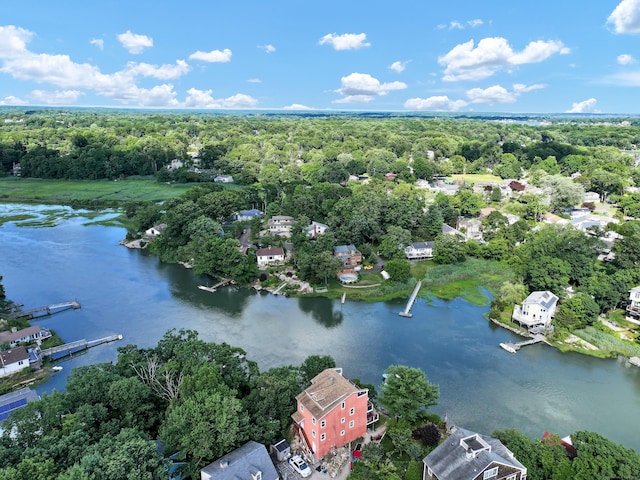 aerial view featuring a view of trees and a water view