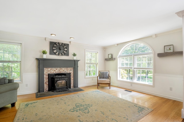 living room with wood finished floors, a wainscoted wall, a wood stove, and ornamental molding