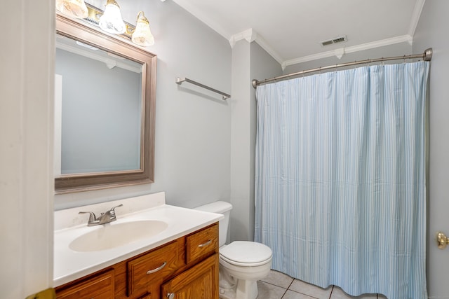bathroom with toilet, crown molding, vanity, tile patterned floors, and a shower with shower curtain