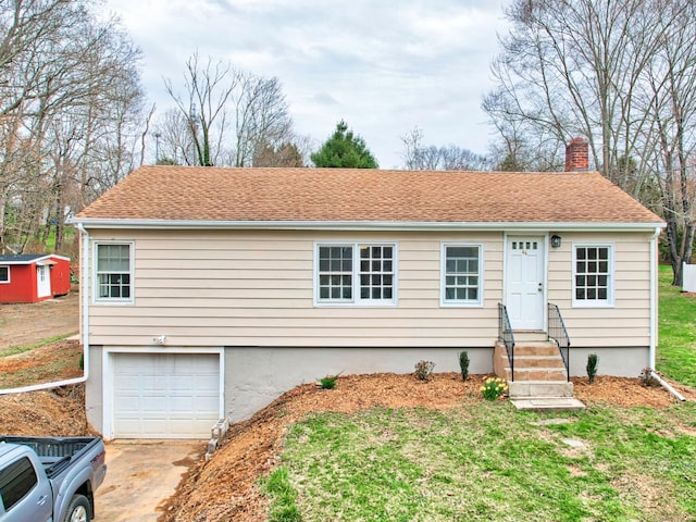 ranch-style house with a front lawn, a garage, a chimney, concrete driveway, and entry steps
