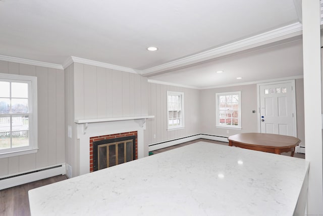 unfurnished living room with dark wood-style flooring, plenty of natural light, crown molding, and a baseboard radiator