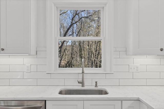 34 Power House Rd, Montville, CT 06382 - interior space with a sink, tasteful backsplash, white cabinetry, light stone countertops, and dishwasher