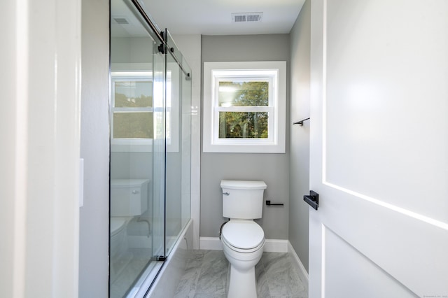 43 Moose Hill Rd, Trumbull, CT 06611 - bathroom featuring toilet, marble finish floors, baseboards, and combined bath / shower with glass door