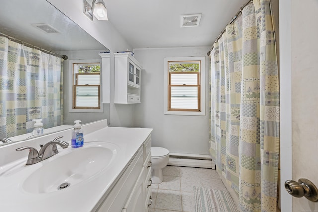 full bath featuring a baseboard radiator, visible vents, toilet, and vanity