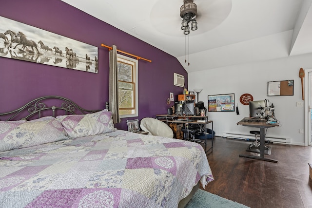 bedroom featuring wood finished floors, a baseboard radiator, vaulted ceiling, a wall unit AC, and a ceiling fan