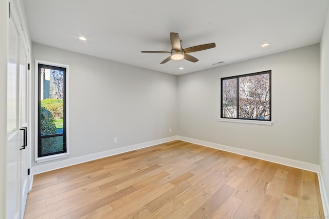 unfurnished room featuring light wood-style flooring, baseboards, recessed lighting, and ceiling fan