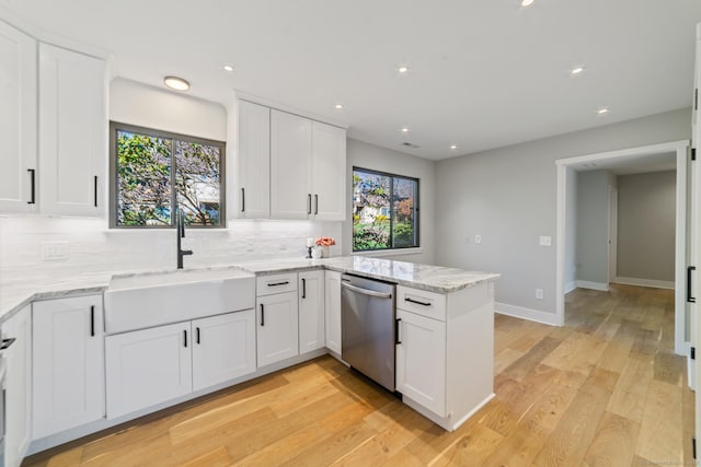 kitchen featuring stainless steel dishwasher, tasteful backsplash, a sink, white cabinets, and a peninsula