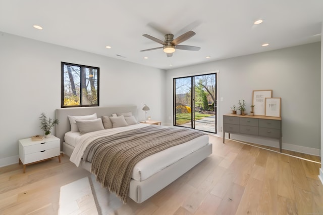 bedroom with light wood-style flooring, recessed lighting, ceiling fan, and access to exterior