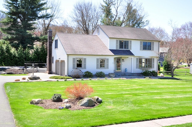 24 Carriage Dr, South Windsor, CT 06074 - view of front facade featuring a chimney, a front lawn, driveway, fence, and a garage
