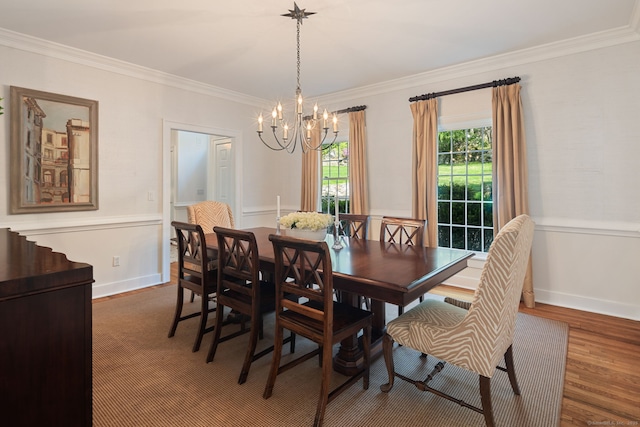 6 Wahackme Ln, New Canaan, CT 06840 - dining room with an inviting chandelier, baseboards, crown molding, and wood finished floors