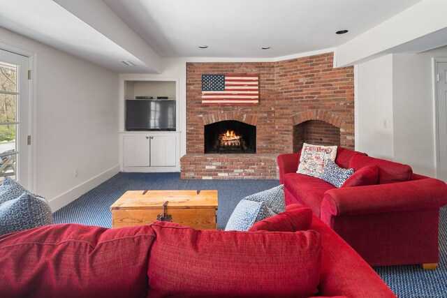 6 Wahackme Ln, New Canaan, CT 06840 - carpeted living room featuring baseboards and a fireplace