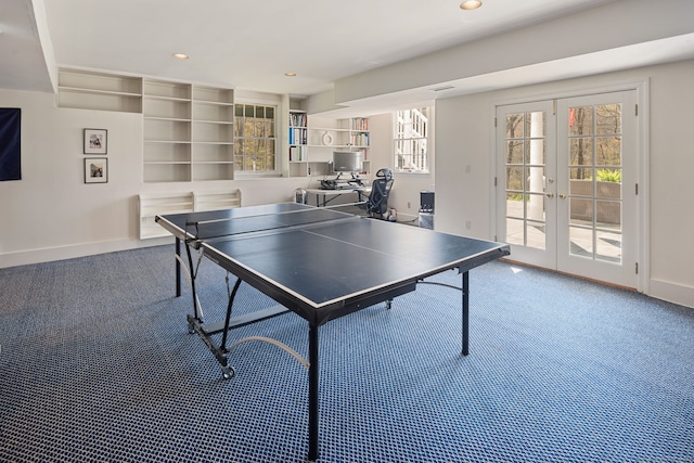 6 Wahackme Ln, New Canaan, CT 06840 - playroom featuring french doors, carpet flooring, baseboards, and recessed lighting