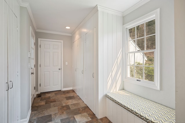 6 Wahackme Ln, New Canaan, CT 06840 - corridor featuring crown molding, recessed lighting, baseboards, and stone finish flooring