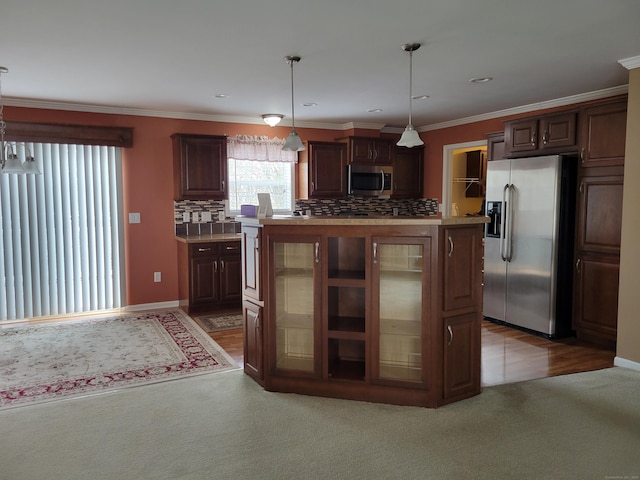 kitchen with stainless steel appliances, light countertops, decorative backsplash, glass insert cabinets, and carpet flooring
