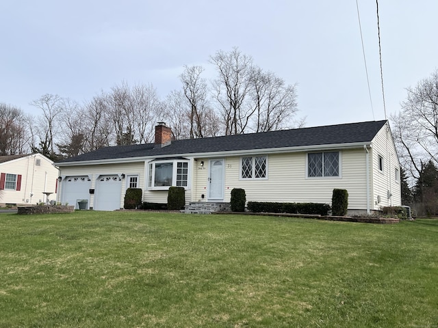 31 Mountain View Dr, Rocky Hill, CT 06067 - ranch-style home with a chimney, an attached garage, a front yard, roof with shingles, and entry steps