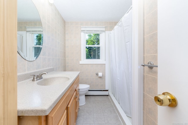 31 Mountain View Dr, Rocky Hill, CT 06067 - bathroom with tile walls, vanity, baseboard heating, and a shower with curtain