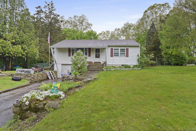 5 Stone Ct, Ledyard, CT 06335 - ranch-style home with stairway, a garage, asphalt driveway, roof with shingles, and covered porch