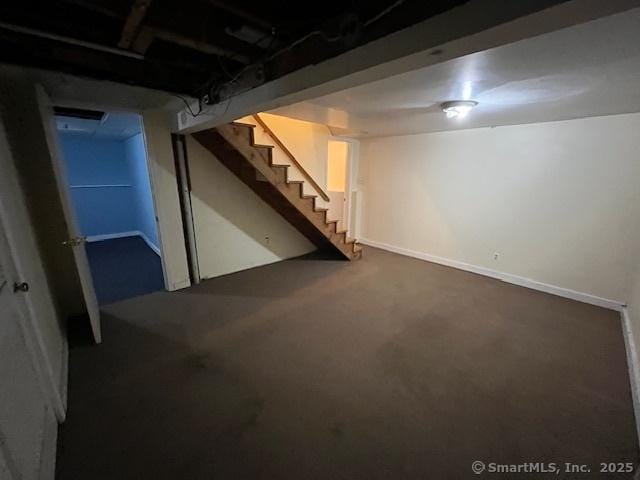 5 Stone Ct, Ledyard, CT 06335 - below grade area featuring stairway, carpet floors, and baseboards