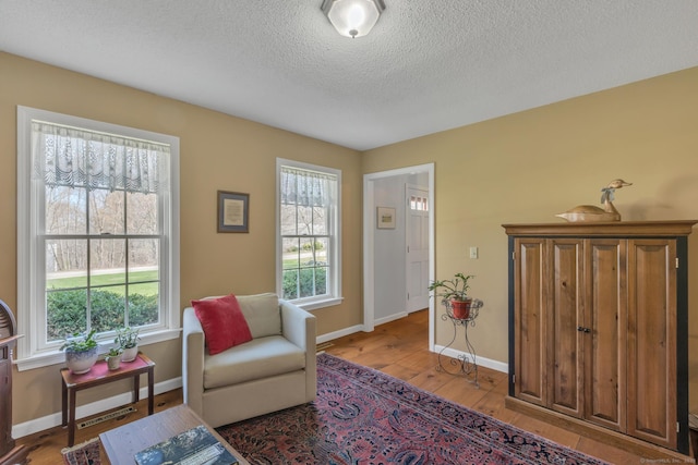 sitting room with a textured ceiling, light wood finished floors, and baseboards
