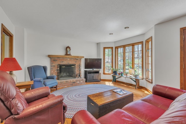 living room featuring baseboards, wood finished floors, and a fireplace