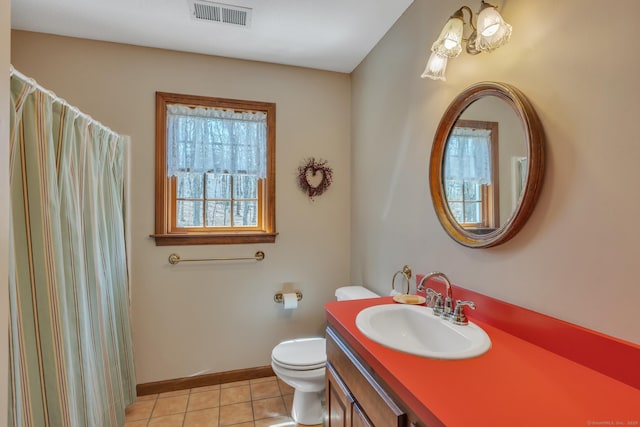 bathroom featuring tile patterned floors, toilet, baseboards, visible vents, and vanity
