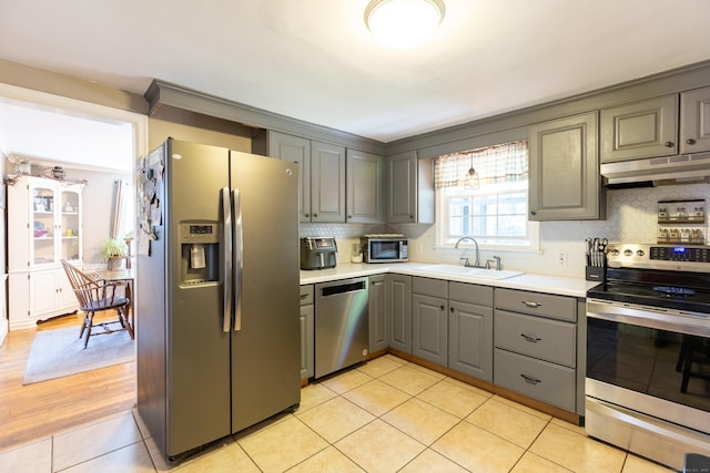 kitchen with decorative backsplash, gray cabinets, a sink, under cabinet range hood, and stainless steel appliances
