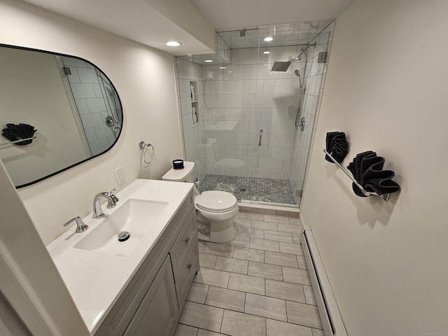 full bathroom featuring a baseboard heating unit, toilet, recessed lighting, tile patterned flooring, and a shower stall