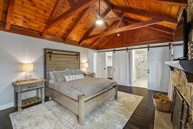 3 Willow Ln, New Fairfield, CT 06812 - bedroom featuring wood-type flooring, vaulted ceiling with beams, a barn door, and wood ceiling