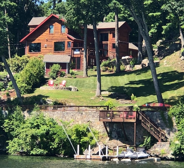 3 Willow Ln, New Fairfield, CT 06812 - view of yard with stairway, a deck with water view, and a floating dock