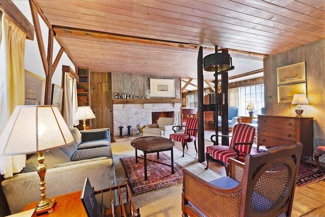 538 County Rd, Guilford, CT 06437 - living room featuring wood walls, wood ceiling, and wood finished floors